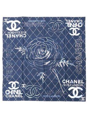 Chanel CC Logo Camellia Scarf Silk Navy Black